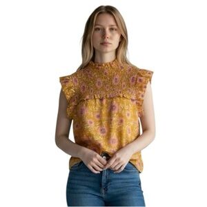 THML Women’s Yellow Pink Floral Smocked Ruffle Sleeve Top Size Small NWT
